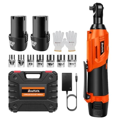 Image of Huini 12V Cordless Ratchet Wrench, 3/8" Electric Ratchet Wrench Kit 40N.m, 300 RPM,Impact Drive Ratchet Rattle Nut Gun with 2 x Lithium-Ion 1.5Ah Battery and Fast Charge,7 PCS Sockets,Orange/Black