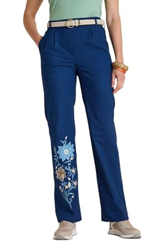 Image of Amber Ladies Pull‑On Embroidered Leg Trousers, Lightweight Cotton Straight‑Leg Pants with Elasticated Back Waist, Pleat Front & Pockets Navy 16 Extra Short