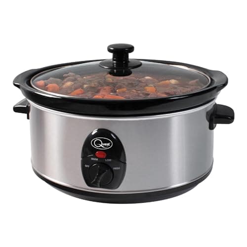 Image of Quest 35270 Slow Cooker / 3.5 Litres/Compact Stainless Steel / 200W / 3 Temperature Settings/Transparent Toughened Glass Lid/Dishwasher Safe