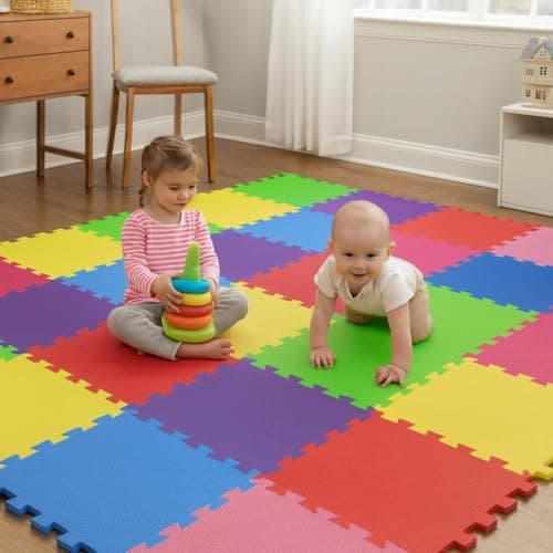 Image of Soft Foam Exercise Floor Mats – Interlocking EVA Puzzle Tiles 30x30cm | Non-Slip Protective Gym Flooring for Home, Garage, Office, Kids Play, Yoga & Workout Studio (Multicolour, Pack of 18)