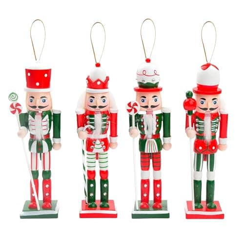 Image of 4p 12cm Red Green Wooden Christmas Nutcracker Soldier Ornaments,Christmas Tree Decorations Mini Nutcracker Figures Hanging Ornament,Nutcracker Soldier Puppet Doll Pendant for Tree Tradition Xmas Decor