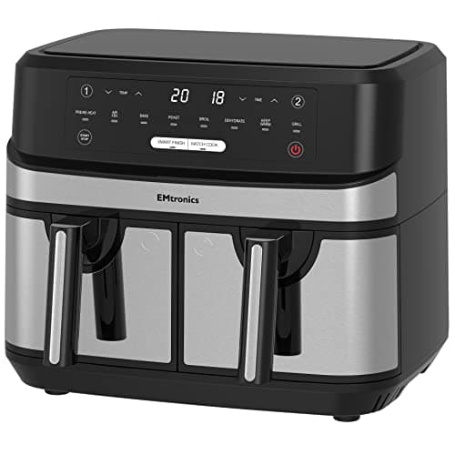 Image of EMtronics EMAFDD9LSL Dual Air Fryer Extra Large Family Size Double XL 9 Litre with 8 Pre-Set Menus for Oil Free & Low Fat Healthy Cooking, Easy Clean Metal Interior, 99-Minute Timer - Stainless Steel