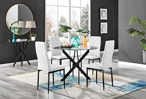 Image of Furniturebox UK Dining Table - Novara 100cm Round Matte Black and Clear Tempered Glass Industrial Home 4 Seater Kitchen Dining Table & 4 White Faux Leather Black Leg Milan Dining Chairs