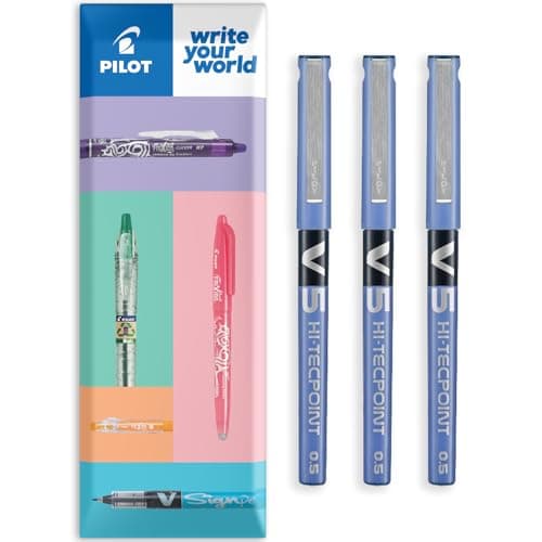 Image of PILOT V5 Hi-Tecpoint Rollerball Pen - Fine 0.5mm Nib - In Envelope Gift Packaging - Pack of 3 (Blue)