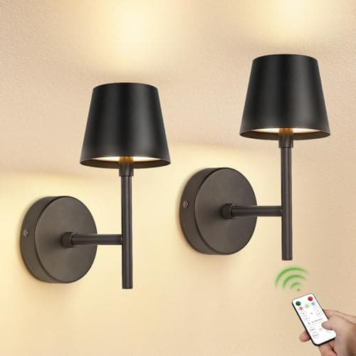 Image of Kimjo 5200mAh Matte Black Rechargeable Wall Light Indoor, Wireless Battery Operated Wall Lights Set of 2, Dimmable Wall Lamps & Sconces, Stick on Wall Lights for Living Room Bedroom Corridor