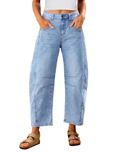 Image of Utyful Barrel Jeans Women Cropped Baggy Trendy High Waisted Distressed Loose Stretch Denim Trouser Jeans with Pockets, Roadnight Blue, XL