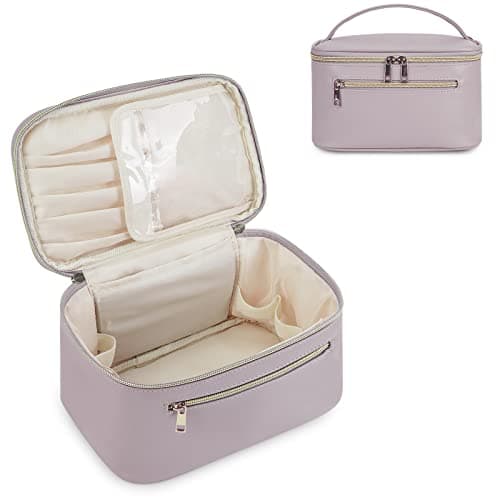 Image of Travel Makeup Bag with Brush Compartment, Large Cosmetic Bags, PU Leather Makeup Case with Handle, Water-Resistant for Women, Purple (Patent Pending)