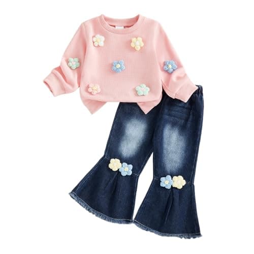 Image of Haomibacu Little Kid Baby Girls Sweet 2Pcs Outfits Crochet Flower Decor Waffle Sweatshirt Long Denim Flare Trousers Clothes Set (Pink, 6-12 Months)