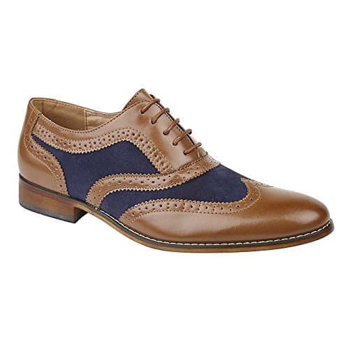 Image of Roamers Boys 5 Eye Brogue Oxford Shoe - PU/Synthetic Suede, Tan/Navy, 5.5 UK