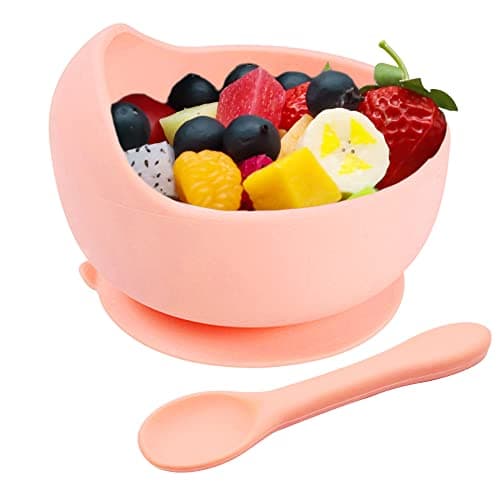 Image of Hoseay Baby Feeding Bowls and Spoons,Silicone Toddler Weaning Set with Suction Bowl BPA Free Children Tableware Eating Bowl for Baby Boys Girls,Easy Clean Kids Meal Set Microwave Dishwasher Safe,Pink