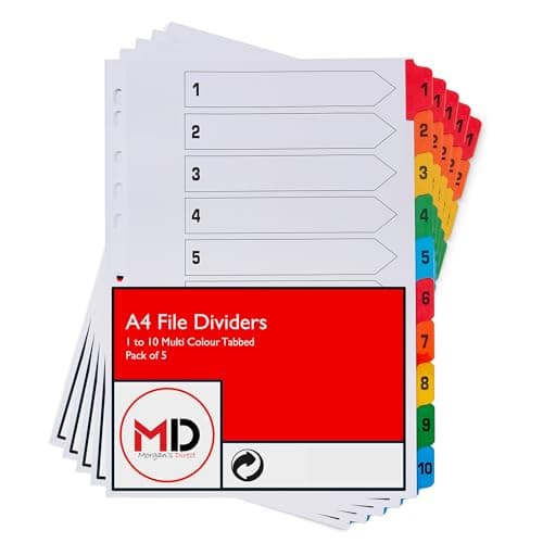 Image of A4 1-10 File Dividers with Coloured Numbered Index Tabs - Multi Hole Punched and Reinforced Subject Divider - Pack of 5