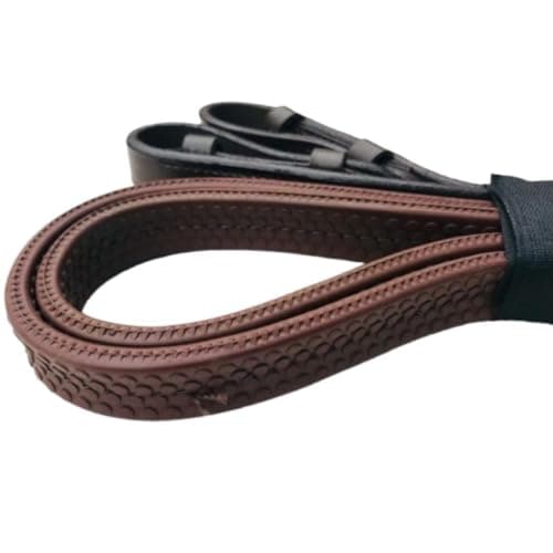 Image of Benz Equestrian Bio Grip Anti Slip Rubber Reins Flexible soft Pebble Rubber Brown Leather pony cob and full horse (Brown, Cob 54")