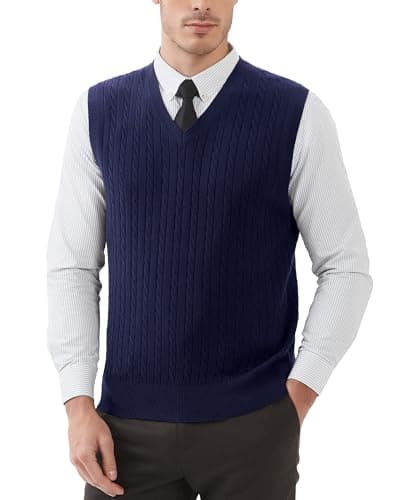 Image of Kallspin Men’s Sweater Vest Wool Blend Cable Knit Sleeveless Jumper Casual Pullover Knitwear(Navy Blue, L)