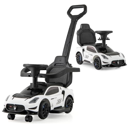 Image of COSTWAY 3 in 1 Ride on Push Along Car, Maserati Licensed Foot to Floor Slider with Parent Handle, Horn, Music, Storage Compartment, Toddler Sliding Walker for 18-60 Months Old (White)