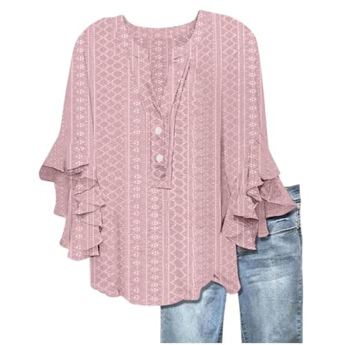 Image of Tunic Tops for Women UK Womens Tops Casual Ruffle 3/4 Sleeve Shirts V Neck Button Up Baggy Top Plus Size Floral Printed Tee Eyelet Hollow Spring Summer Beach Blouses Pink L