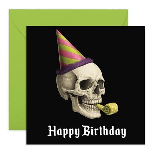 Image of Skull Birthday Card – Gothic Skeleton Party Design – Greeting Card for Him, Her, Brother, Uncle, Guys, Lad, Mate, Bro, Friends, Emo, Goths – Comes with Stickers