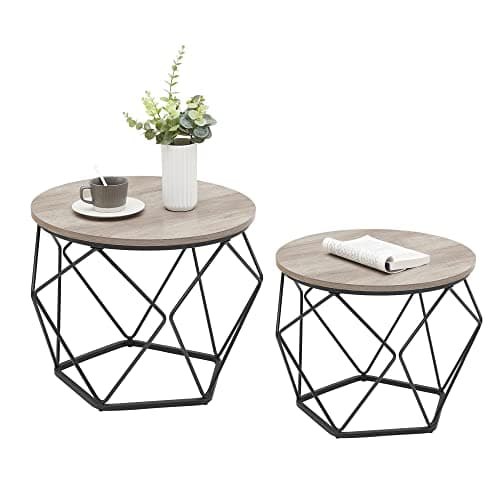 Image of VASAGLE LET040B02 Round Coffee Table, Set of 2, Side Table, Sofa End, Industrial Style, Removable Tray, Steel Frame, for Living Rooms, Grey-Beige and Black