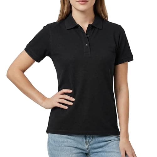 Image of viiotu Womens Polo Shirt Short Sleeve 100% Cotton Polo Shirts for Women Slim Fit Ladies T Shirts for Golf Work Casual Tops (UK, Alpha, M, Regular, Regular, Black)