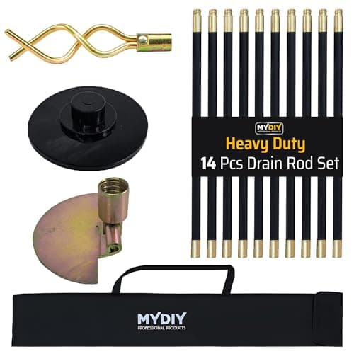 Image of MY DIY 31ft Drain Rod Set 14Pcs Includes Easy Carry Storage Bag Plunger Double Worm Screw & Connectors Heavy Duty Sewer Gutter Cleaning Drain Unblocker Tool Reaches Up to 9.4m Length Domestic Home Use