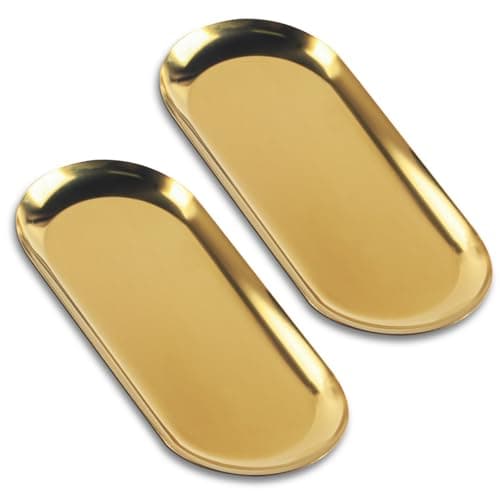 Image of 2 Pcs Gold Trays Decorative Trays, Trinket Tray, Gold Trinket Serving Tray, Small Stainless Steel Oval Ornaments Plates for Jewellery Coffee Table Candle Key Cosmetics Dish Plate Bedroom Bathroom