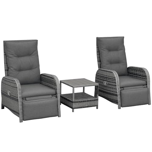 Image of Outsunny 3 Pieces Rattan Bistro Set, Wicker Balcony Furniture Set with Reclining Sun Loungers, 2-Tier Coffee Table and Cushions, 2 Seater Garden Furniture for Outdoor Patio Balcony, Mixed Grey