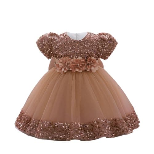 Image of Cichic Baby Party Dress Summer Puffy Sequin Tulle Kids Birthday Pageant Prom Girls Christening Dress Brown 3-6 Months