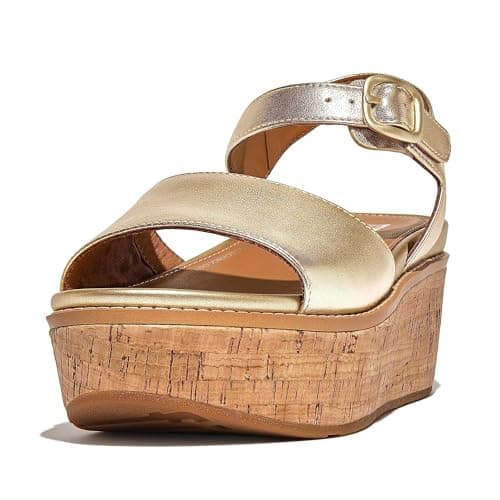 Image of FitFlop Women's Eloise Cork-WRAP Leather Back-Strap Wedge Sandals, Platino, 8 UK
