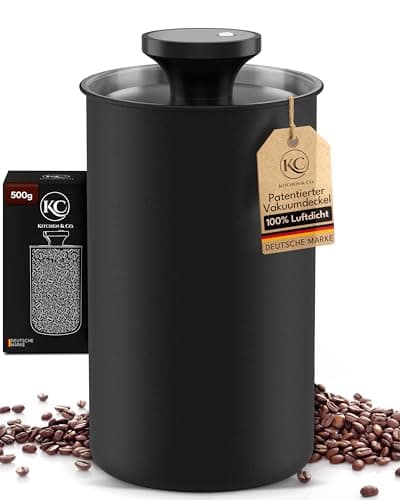 Image of KC Kitchen & Co. Airtight Coffee Jar for 500 g Coffee Beans - Stainless Steel Storage Jar with Vacuum Lid & Aroma Seal - Storage Jar for Coffee, Tea, Sugar, Cereal Black Matt (1700 ml)