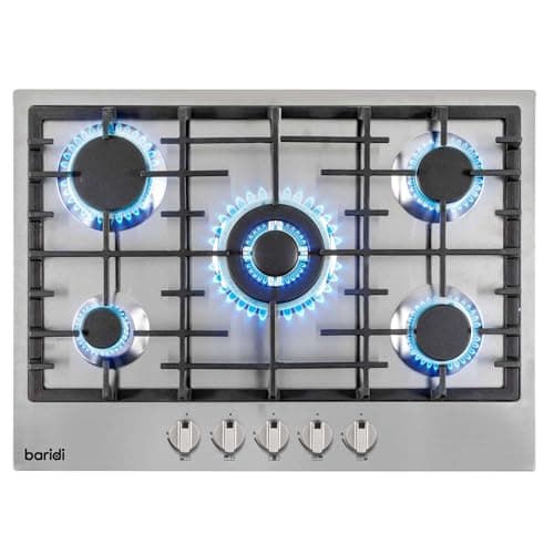 Image of Baridi 70cm Built-In Gas Hob with 5 Burners, Cast Iron Pan Supports, Wok Burner and Auto Ignition, 11kW, Stainless Steel - DH227