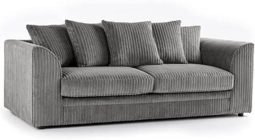 Image of SofaSelection Spacious Jumbo Cord 3 Seater Sofa, Soft Cord Fabric Three Seater Settee with Deep-Filled Scatter Back Cushions, Family Living Room Lounge Couch (Grey)