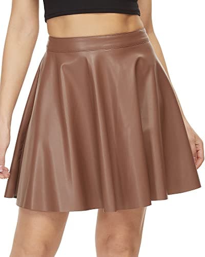 Image of Fahsyee Leather Skater Skirt Women's Pleated Plus Size Mini A-line Vegan Faux High Waist Casual Stretchy Brown XXXL