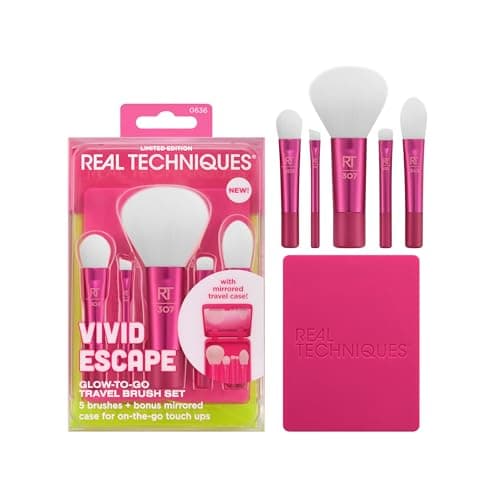 Image of Real Techniques Vivid Escape Glow-To-Go Travel Makeup Brush 6 Piece Set, Mini Size Makeup Brushes For Eyeshadow, Concealer, Contour, & Blush, Includes Mirror Cosmetic Case, Cruelty-Free & Vegan