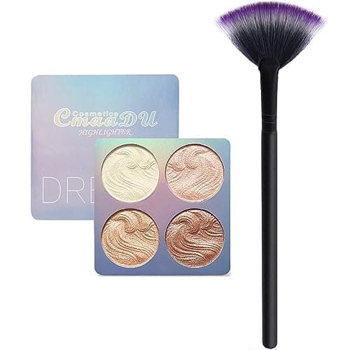 Image of 4 Colours Baked Powder Highlighter n Bronzing Palette + LyDia® Small Black Fan Cheek/Blending/Contour/Highlighter/Bronzer/Dust Makeup Brush