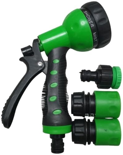 Image of CRYSTALS25 Garden Hose Spray Gun Set with 6 Spray Patterns, Universal UK Hose Connectors, Anti-Slip Grip, Green and Black, 4 Piece Set