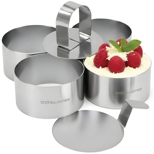 Image of Andrew James Cooking Rings | Set of 4 Stainless Steel Chef Rings for Moulding & Presentation | Includes Food Press & Lifter | Freezer Oven & Dishwasher Safe (4cm x 6cm)