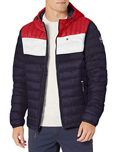 Image of Tommy Hilfiger Men's Water Resistant Ultra Loft Filled Hooded Puffer Jacket Down Alternative Coat, Midnight/Ice/Red Flag Colorblock, S