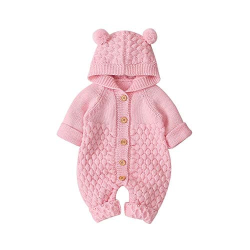 Image of VICROAD Baby Hooded Knitted Rompers Newborn Girls Boys Onesies Warm Sweater Jumpsuit Outfits , 3-6 Months/66 cm, Pink