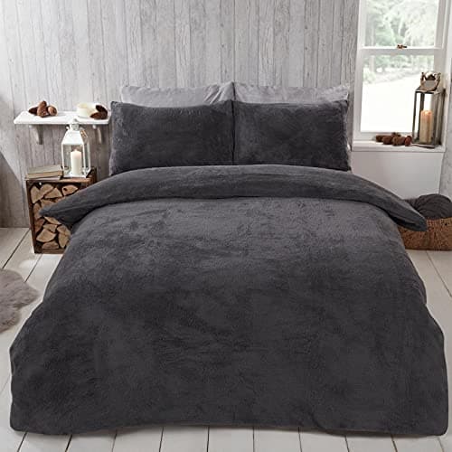 Image of Brentfords Teddy Fleece Duvet Cover with Pillow Case Thermal Warm Soft Bedding Set, Charcoal Grey - Double