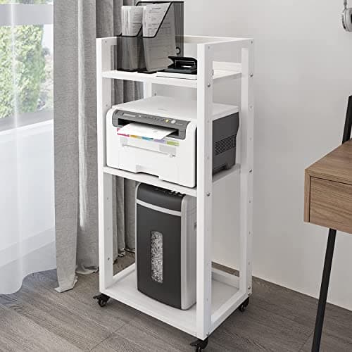 Image of PUNCIA 3-Tier Printer Stand with Storage, 53x35x101cm Movable Printer Table with Adjustable Shelf, Rolling Printer Trolley with Lockable Wheels for Home Office, Stand for PC Fax Scanner Shredder White