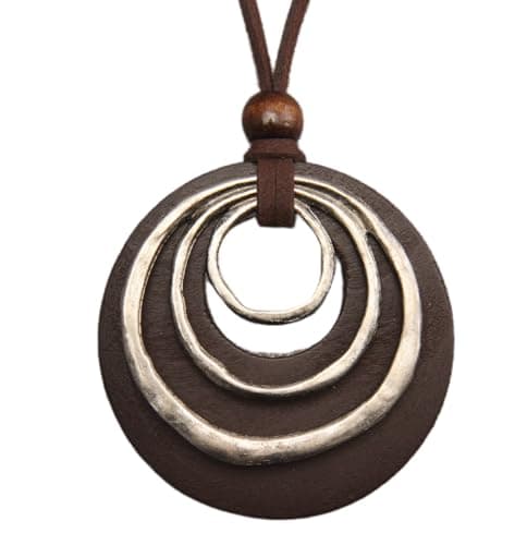 Image of COOLLA Womens Multilayer Pendant Necklaces Vintage Jewelry Fashion Long Sweater Necklace for Woman (Wooden circle-Brown silver)