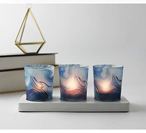 Image of FLCSIed Glass Votive Tea Light Candle Holder Set of 3, Frosted Glass Holders with Sky Blue Patterns -Tealight Candle Holder for Weddings, Party and Home Decor (Blue River)
