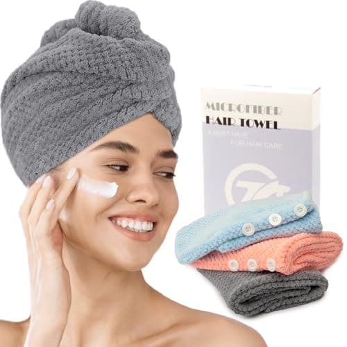 Image of FREATECH 3-Pack Microfibre Hair Towel Wrap, Anti-frizz Turbans, Super Absorbent and Soft Hair Drying Towel with 3 Adjustable Buttons for Women Men Kids Wet Curly Long Plopping