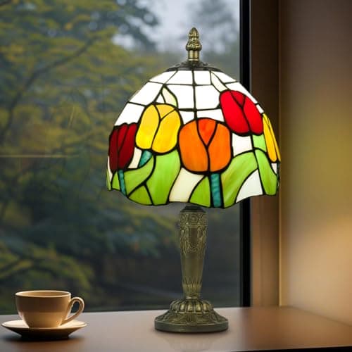 Image of Crefotu Small Tiffany Style Table Lamp, 3 Color Temperatures Bedside Lamp, 8 Inch Stained Glass Desk Light for Home Office Bedroom Living Room (Tulips)