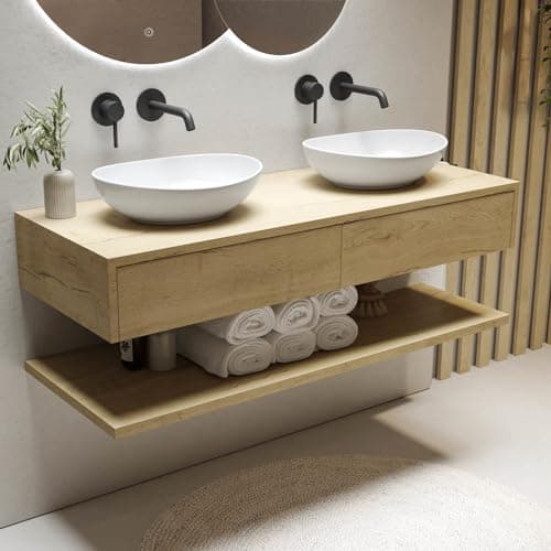 Image of Lugo 1200mm Wood Effect Wall Hung Double Countertop Vanity Unit with Oval Basin and Shelf