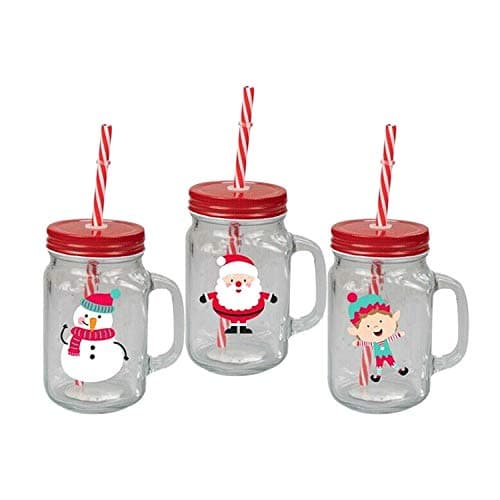 Image of Invero® 3X Set of Christmas Design Drinking Glass Jar Mugs with Handle Screw Top Tin Lid and Straw