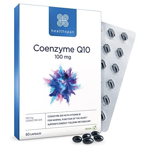 Image of Healthspan Coenzyme Q10 100mg | 60 Capsules | Supports Heart Health & Energy Metabolism | Added Vitamin B1 | All Natural CoQ10 Fermented for Optimum Purity | Sunflower Oil Base | Vegan