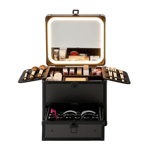 Image of Makeup Box with Drawer and Lighted Mirror Travel Train Case, Cosmetic Organizer with Adjustable Dividers and Magnetic led Mirror (Black)