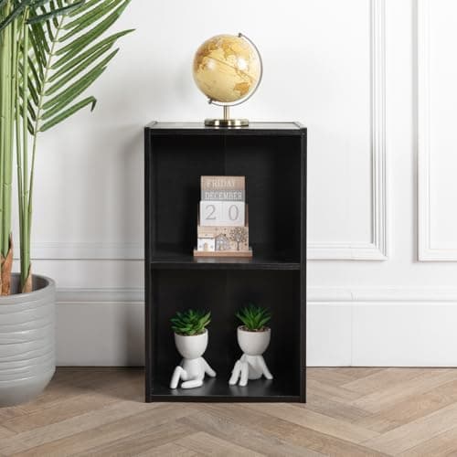 Image of Cube Bookshelf Black Wooden Storage Organizer Wood Shelving Open Bookcase Shelf For Home Living Room Office Bedroom Furniture (Black, 2 Tier)