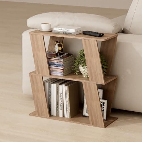 Image of MoraRise Side Table,Z Shaped Narrow End Table,2-Tier Slim Sofa Side Table w/Magazine Rack,Bedside Table,Coffee Table,Nightstand,for Small Spaces Living Room,Office,Bedroom,Balcony (Oak)