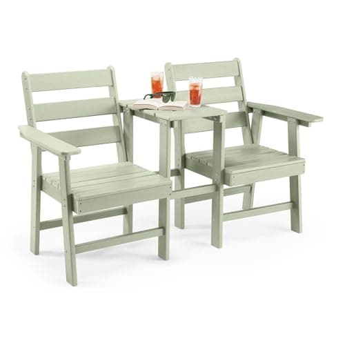 Image of VonHaus Adirondack Love Seat for Garden - 2 Seater Sage Green Jack & Jill Loveseat Patio Set - 2 Person HDPE Companion Set with Built-in Parasol Hole for Terrace, Balcony & Outdoor - Westport